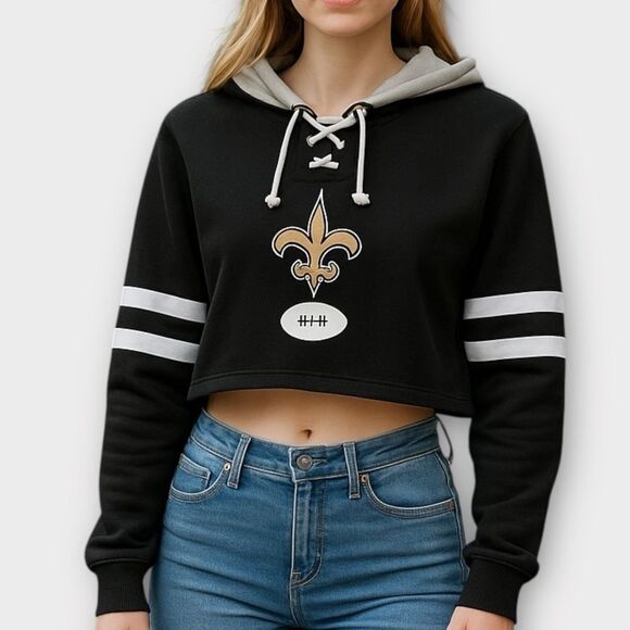 NFL Tops - FOCO  New Orleans Saints Women's Standard Striped Sleeve Cropped Hoodie Size XL